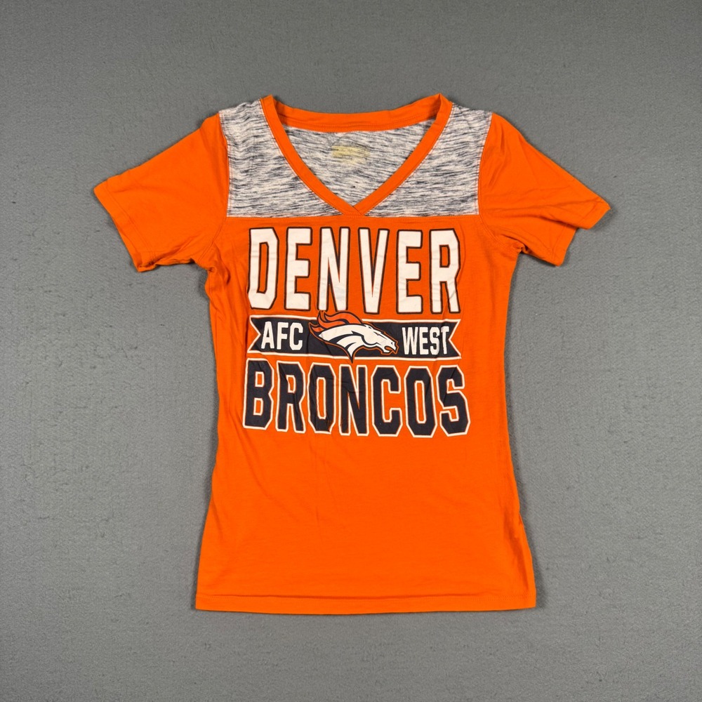 Denver Broncos Shirt Womens Medium Orange V-Neck Graphic Tee NFL Football Fan